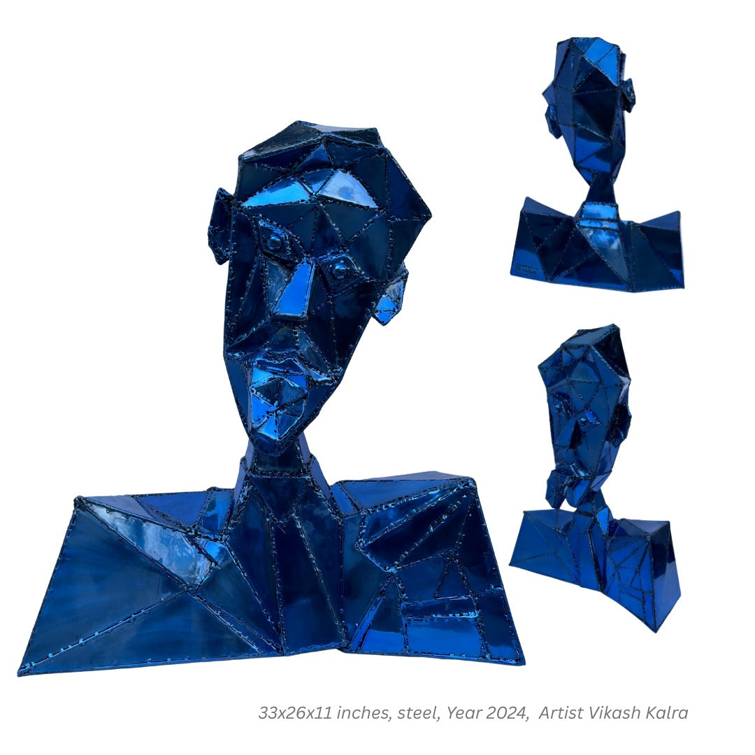Blue Polygon Face Sculpture | Contemporary Modern Art