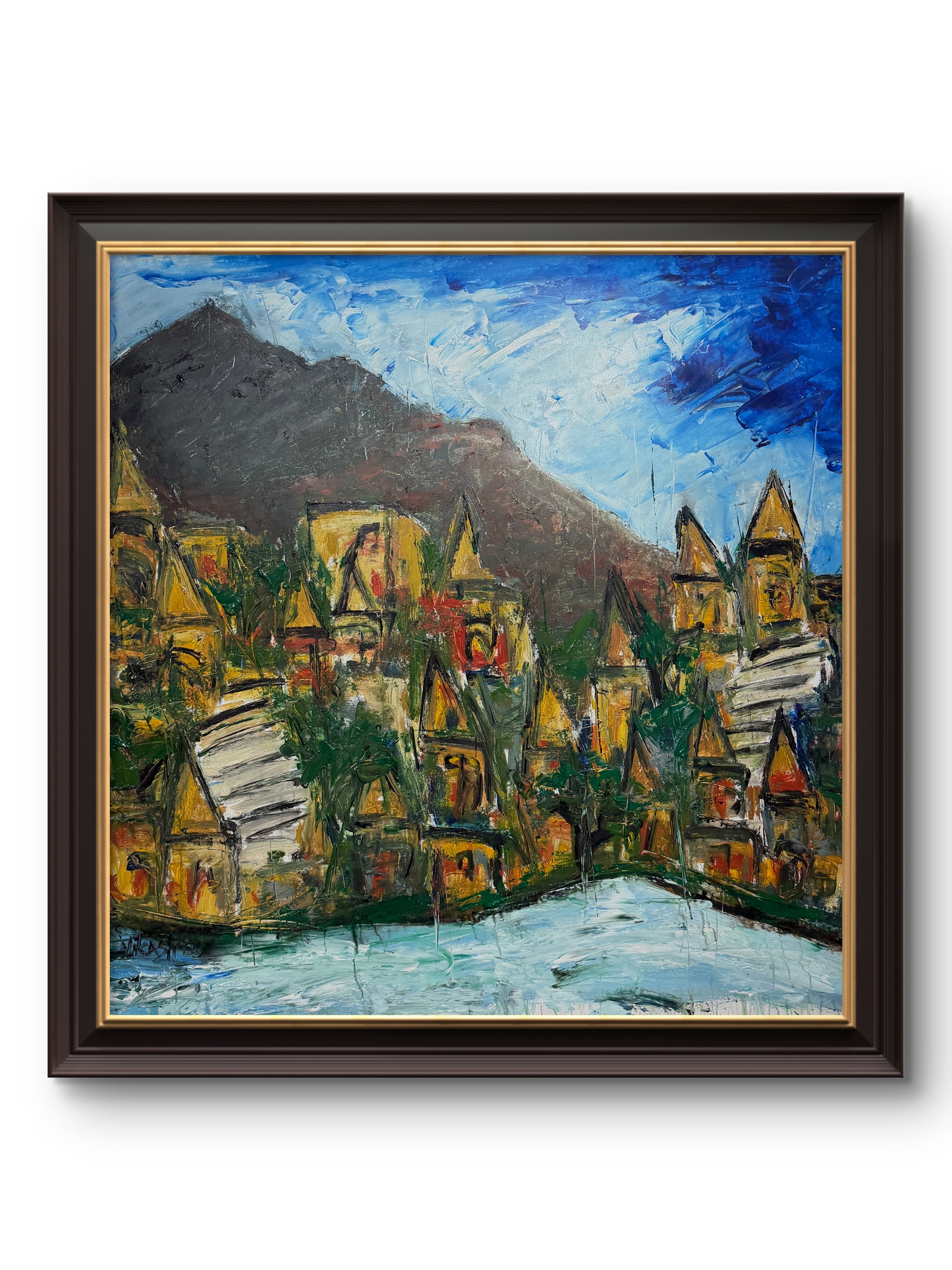 Colorful Village Landscape With Blue Sky