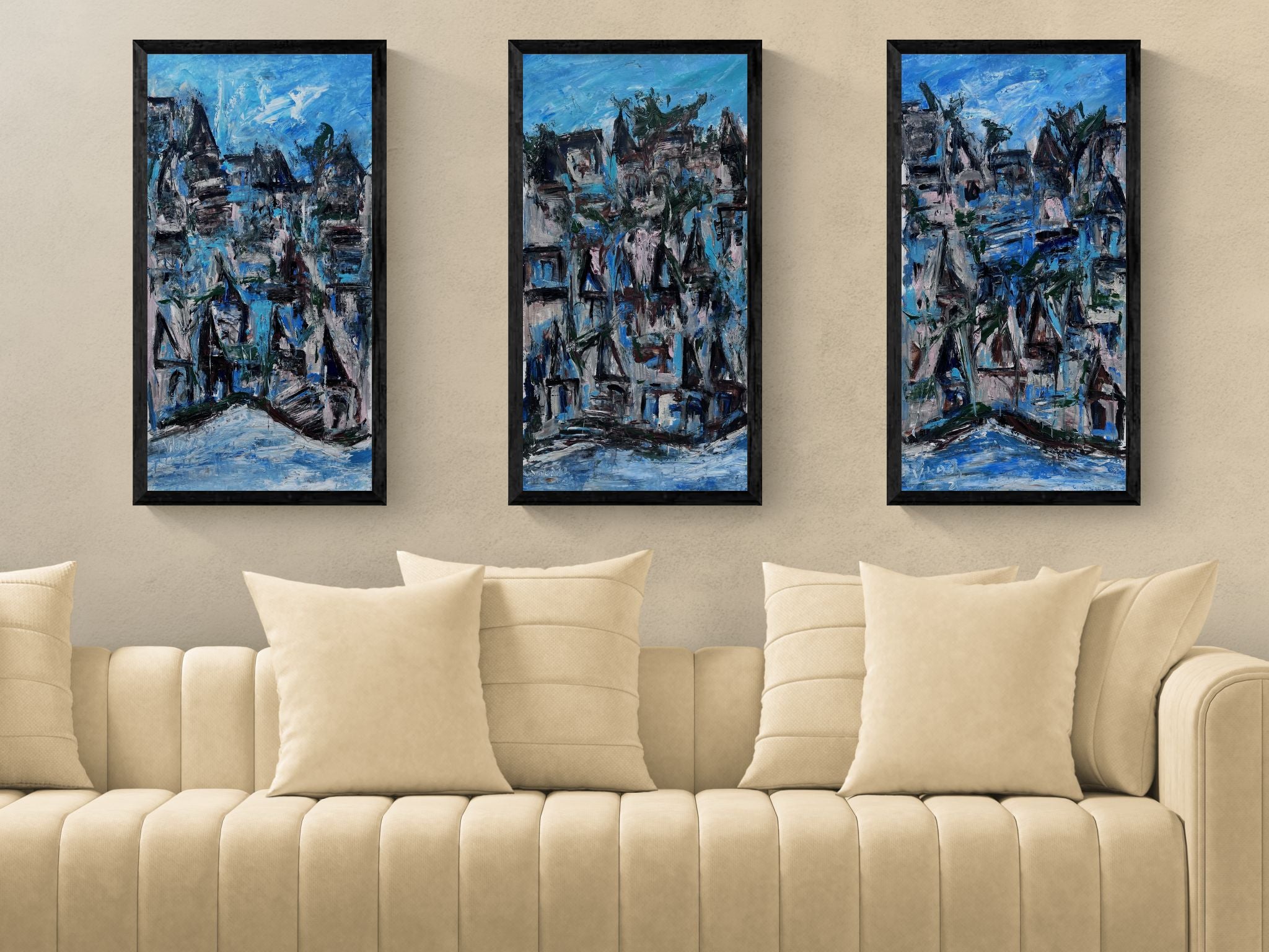 Blue City Abstract Triptych Painting by Artist Vikash Kalra