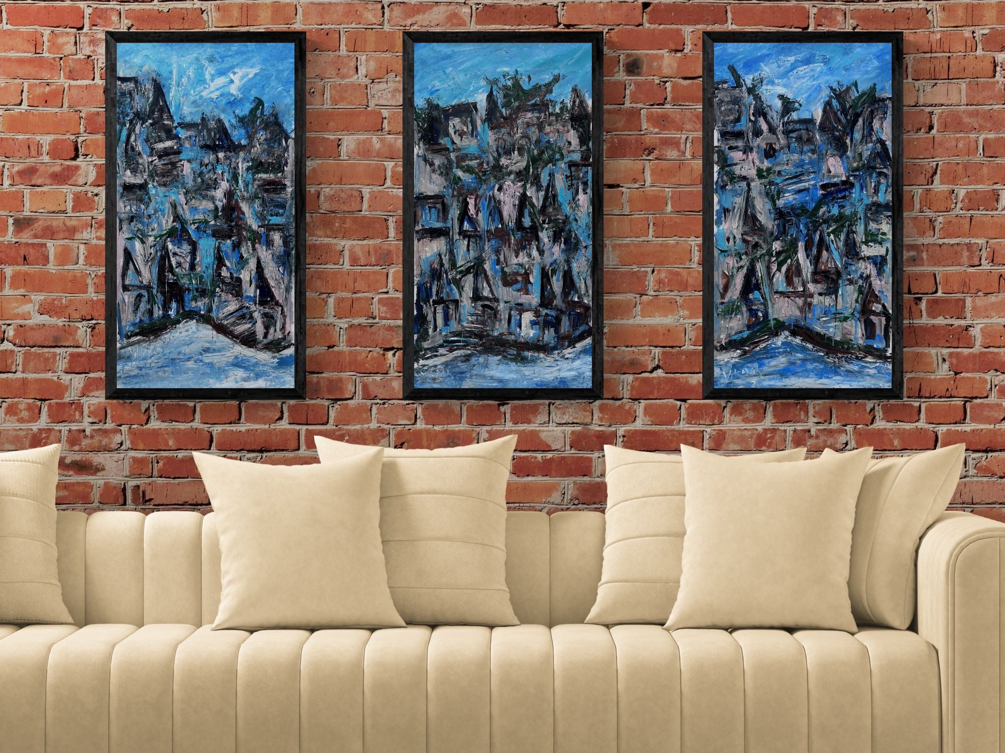 Blue City Abstract Triptych Painting by Artist Vikash Kalra