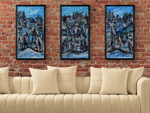 Blue City Abstract Triptych Painting by Artist Vikash Kalra