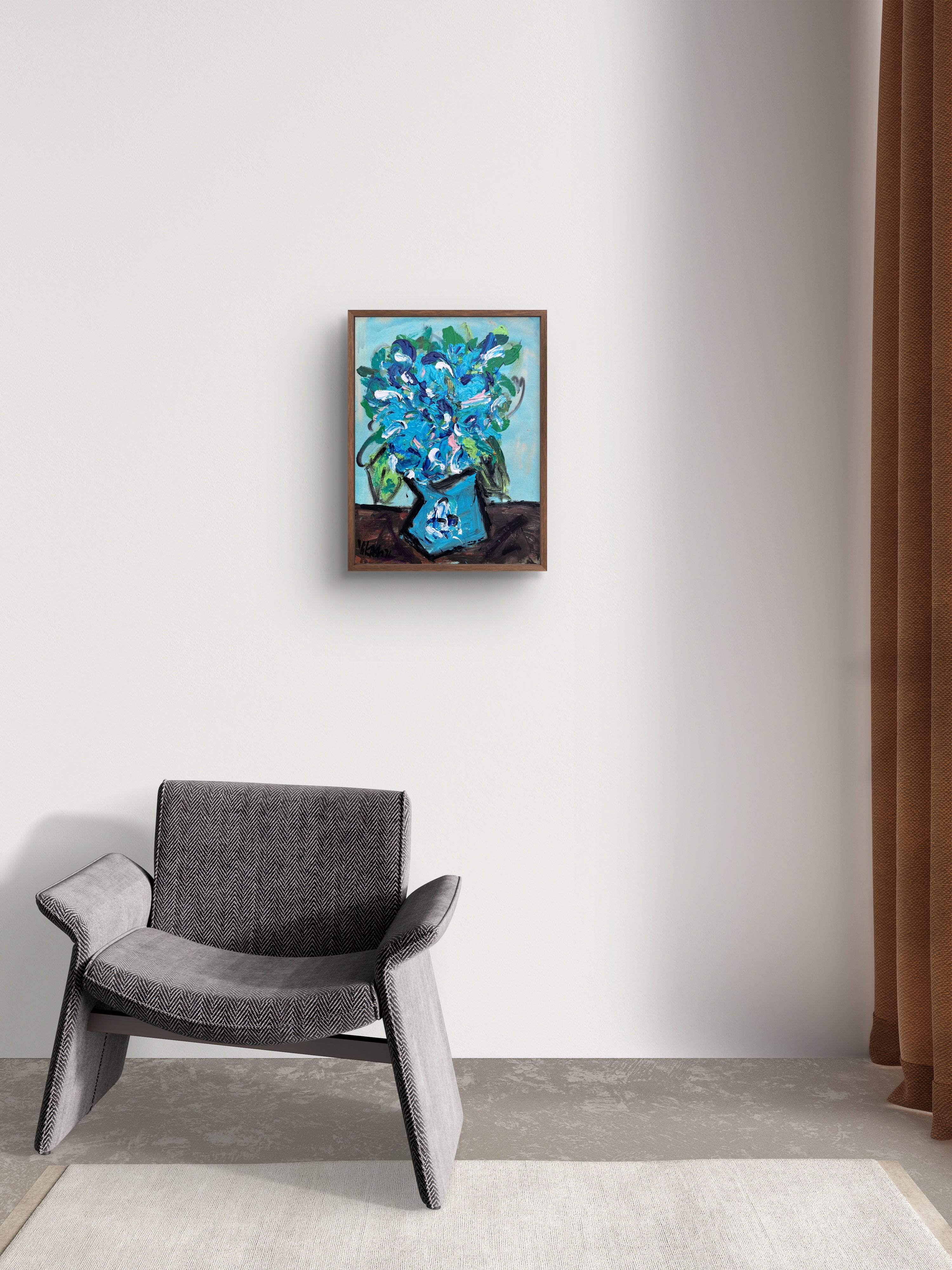 Colorful Floral Bouquet in Blue Vase Canvas Wall Art