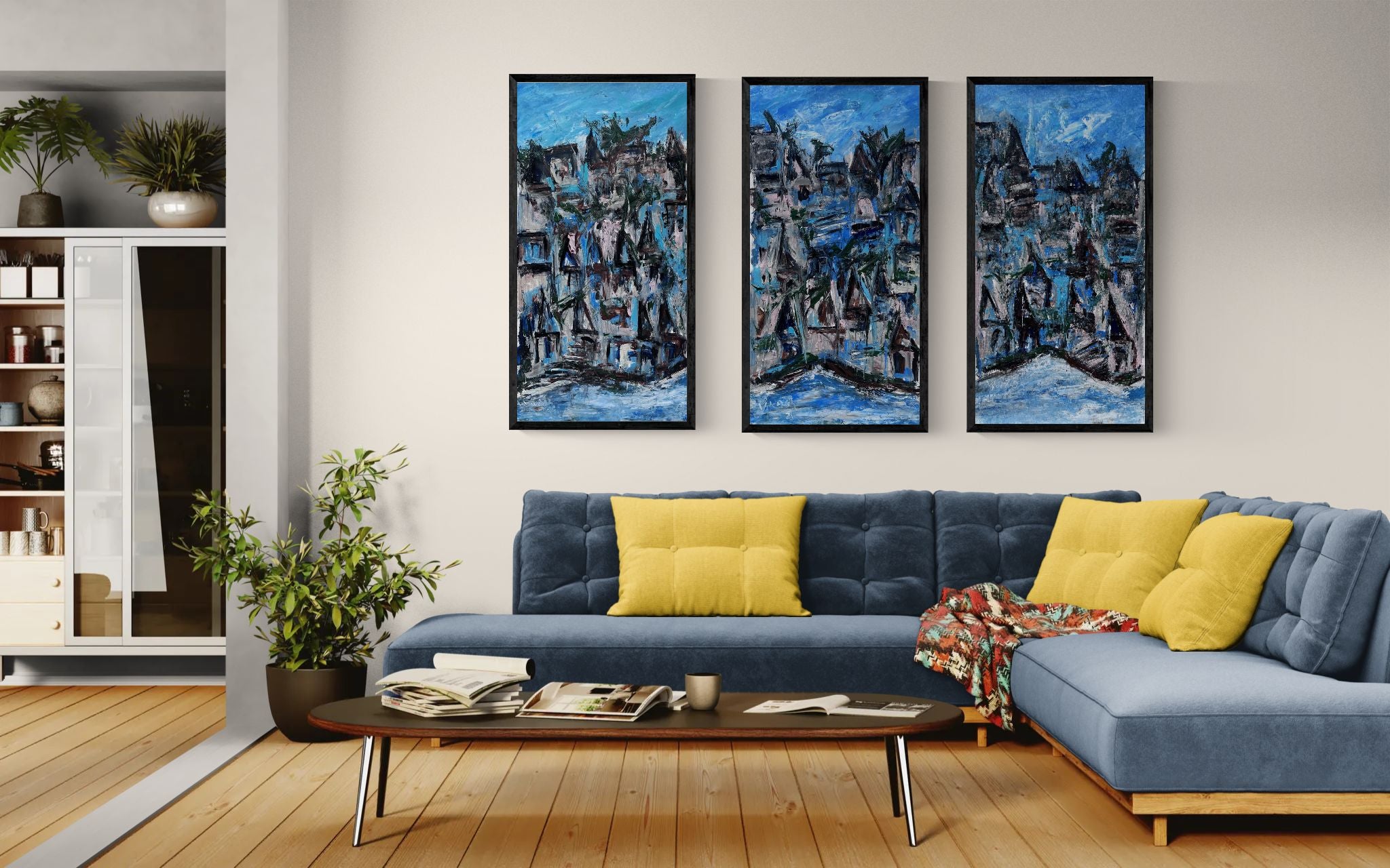 Blue City Abstract Triptych Painting by Artist Vikash Kalra